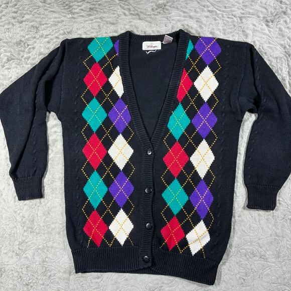 Vintage 90s Argyle Cardigan Womens L Black Cotton Eclectic Grandpa Ugly Sweater - Picture 1 of 9